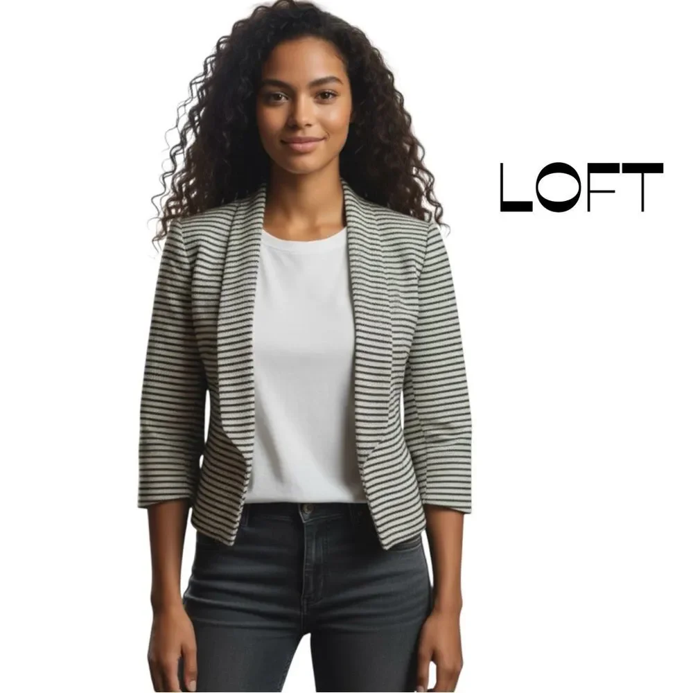 LOFT Black Metallic Cream Striped Linen Cottage EuroGirl Jacket Size 0P